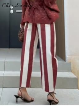Fashion Women's Striped Pants Button Zipper Double Pockets Straight Straight Leg Trousers 2026 Spring Summer Casual Lady Pant