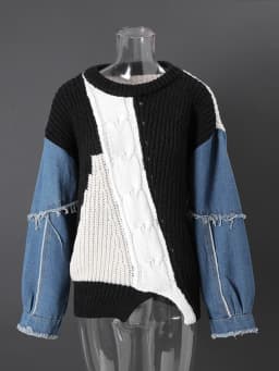 [EAM] Black Denim Color-block Big Size Knitting Sweatshirt New Round Neck Long Sleeve Women Fashion Spring Autumn 2026 CPG6698