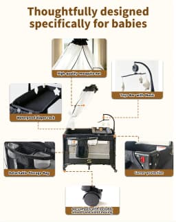 Steanny Pack N Play, All-in-one Playard with Bassinet, Pack and Play, Bedside Sleeper Foldable Travel Cribs with 4 Wheels, Changing Table, Mosquito Net, Toys Bars with Music, Unisex Playpen Combo Bassinet