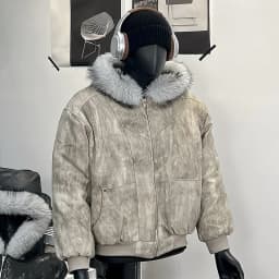 Y2K Cotton jacket with fur collar eagle embroidered and tie-dyeed winter men's design outdoor jacket thick and comfortable