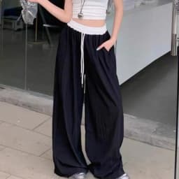 Chic Matching Loose Women's Wide Leg Pants Elastic Waist Drawstring Patchwork Straight Leg Pant Casual Streetwear New Sportswear
