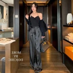 Summer Luxury Silk Satin Pants Elegant Office Lady Suit Pants Solid Color High Waist Pleated Wide Leg Pants Casual Baggy Trouser