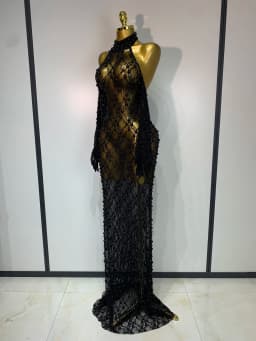 Women Luxury Black Pearls Lace Backless See Through Long Dress With Gloves Evening Club Party Celebrity Elegant Stage Costume