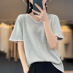 100% Cotton T-Shirt Women's V-Neck Pullover Short Sleeve Summer New Casual Knitting Loose Top Fashion Color Contrast T-Shirt