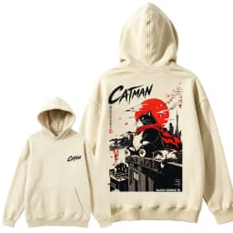 T497 Bai Men's Catman Red Moon Cat Graphic Hoodie, Japanese Streetwear Pullover Sweatshirt, Oversized Casual Urban Fashion