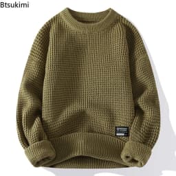 2026 Autumn Winter Men Pullovers Sweaters Knitted Top Round Neck Coarse Needle Full Sleeve Sweaters Solid Casual Loose Pullovers