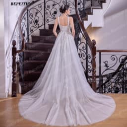 BEPEITHY Bride Customized Mermaid Lace Boho Wedding Dresses Women Long Glitter Detachable Train Bridal Gown Vestidos De Novias
