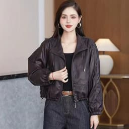 Chic Black Women Faux Leather Jacket Zip Up Lapel Collar Drawstring Hem Loose Oversized Pockets Streetwear Moto Outerwear Top