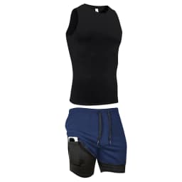 Men's Workout Running Athletic Clothing Set Sleeveless Compression Shirt Tank Top 2-in-1 Gym Shorts with Phone Pocket Towel Loop