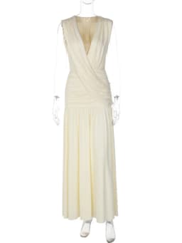 Mozision Elegant Deep V Neck Sexy Maxi Dress Women Fashion Sleeveless Draped Ruched Waist Bodycon Club Party Long Dresses Female