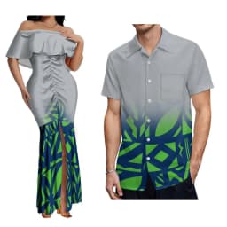 2024 New Hawaiian Gradient Polynesian Island Couple Set Women'S Off-The-Shoulder Dress Party Fishtail Skirt With Men'S Shirt