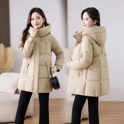 Winter Thickened down Cotton Jacket Women's Mid-Length Loose Fit Coat Detachable Cap Korean Style Polyester Fabric Long Sleeve