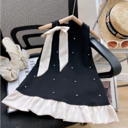 Korean Version Fashion Black Hepburn Style Round Neck Sleeveless Polka Dot Bow Princess Dress for Girls' Birthday Parties