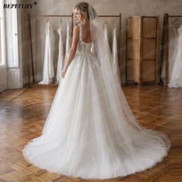 BEPEITHY Customized Square A Line Glitter Wedding Dresses For Women 2026 Summer Lace Bride Ivory Bridal Gown Boho Plus Size