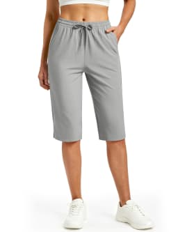 TACVASEN Womens Quick Dry Hiking Capris 4-Way Stretch Knee Length Pants Elastic Drawstring Waist Split Hem Cropped Trousers
