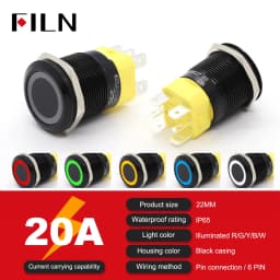High Current 19mm 22mm 20A 12V 24V 110V 220V IP68 Waterproof Flat Ring Round Push Button Switch Metal Stainless Steel 20cm Wire