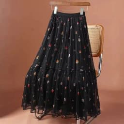 Printed Mesh Skirt Women's New Summer High-waisted Slimming Pleated Gauze Skirt Female Mid-length Drape A-line Large Swing Skirt