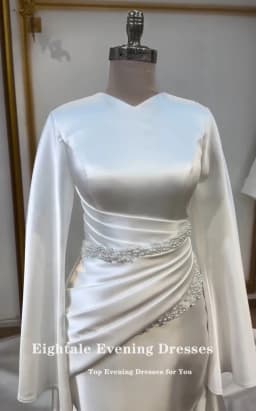 Eightale Arabic Wedding Dress V-Neck Customized White Ivory Mermaid Long Sleeves Beaded Muslim Satin Bridal Gown Robe De Mariée