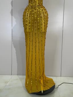 Elegance Golden Strapless Mesh See Through Long Dress Sparkly Diamonds Evening Party Birthday Sexy Nightclub Singer Stage Wear