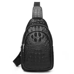 SCHLATUM 100% Cowhide Leather Men Crocodile Grain Fashion Black Multifunctional Leather Chest Bag