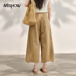 MISHOW Khaki High Waisted Wide Leg Cropped Pants For Women 2026 Summer Lace Trimmed Hem Retro Casual Loose Pants MXF24K1294
