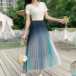 Fashion Gradient Two Layers Gauze High Waisted Mesh Skirt Women Slim Casual Pleated Design Sagging Sensation Lady Pleated Skirt