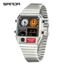 SANDA Electronic Watch Men Square Steel Band Digital Wristwatch Temperature Measurement Stopwatch Timing Multifunctional Watch