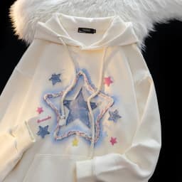 Spring And Autumn Star Print Milk Apricot Color Hooded Coat Street Harajuku Outerwear Vintage Star Print Drawstring Hoodies