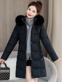 Detachable Fur Collar Thickened down Cotton Jacket Slimming Mid-Length Women's Korean Style Commute Pure Color Coat with Pocket