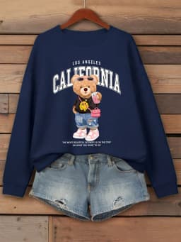 Little Bear Drinking Milk Tea Printed Women Pullover O-Neck Loose Streetwear Casual Autumn Clothes Fleece All-Match Sweatshirt