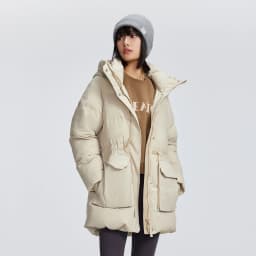 Metersbonwe Women's Adjustable Waist Drawstring Down Coat Puffer 85% Duck Down Hooded Patch Pockets Warm Winter Puffer Jackets