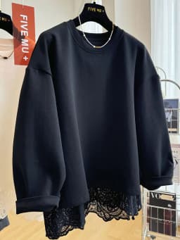 Lace Splicing Fake Two-piece Pullover Round Neck Sweatshirt for Women Autumn Winter Versatile Top Jacket