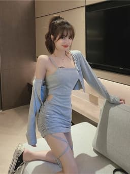 Early Autumn Drawstring Wrap Hip Baring Dress Short Outer Skirt Two Piece Set Women's High Waist Commute Korean Style Long Sl...