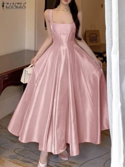 ZANZEA Women's Silky Satin Wedding Guest White Maxi Dress Elegant Square Neck Sleeveless Evening Gown Graceful Party Robes Femme