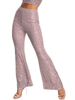 Women Sequin Pants Spring Autumn Flared Pants High Waist Bodycon Bell-Bottom Trousers