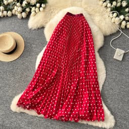 Korean Style Polka Dot Print Pleated A-line Long Skirts Women 2026 Spring Summer High Waist Casual Skirt