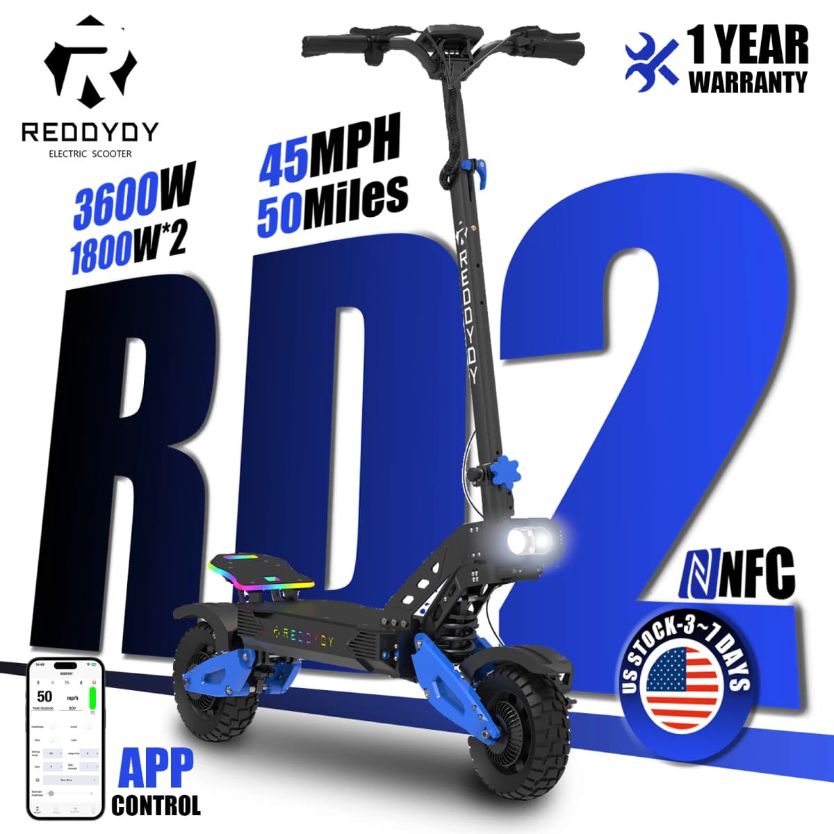 REDDYDY RD2 Electric Offroad Scooter 45MPH Max Speed 3600W Peak Dual Motors Adult Scooter 60V18.2Ah High Capacity Battery 50Miles Max Range 3-riding Modes 10.5" Off-Road Tires Dual Hydraulic Disc Brakes Dual Shock Absorbers NFC Unlocking APP Smart Control