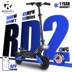 REDDYDY RD2 Electric Offroad Scooter 45MPH Max Speed 3600W Peak Dual Motors Adult Scooter 60V18.2Ah High Capacity Battery 50Miles Max Range 3-riding Modes 10.5" Off-Road Tires Dual Hydraulic Disc Brakes Dual Shock Absorbers NFC Unlocking APP Smart Control