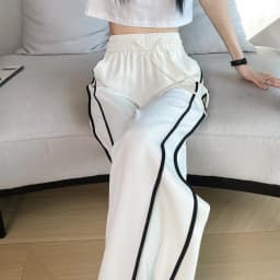 Quick Dry Ice Silk Wide Leg Pants Women Summer Thin New Stripe Straight Casual Running Sports Long Trousers