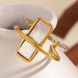 E.B.belle Double Layers Luxury Rhinestone White Rectangle Shell Cuff Ring Stainless Steel Women Party Dating Jewelry Accessories
