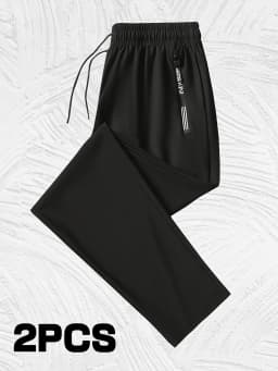 2 Pieces Men's Quick-drying Breathable Sweatpants High Elastic Nylon-Spandex Fabric Straight Gym Running Pants Man Trousers