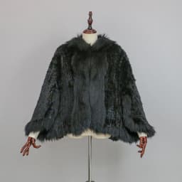 New Extra Long Real Genuine Natural Knitted Rabbit Fur Shawl Coat with Fox Fur Collar Women's Fashion Knit Jacket Cape