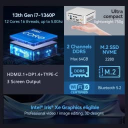 Newest Intel Core 13th Gen Mini PC I5-1340P/i7-1355U Intel Iris X Win11 12Core 16Threads WiFi6 DDR5 Type-C 3 Screen Outputs