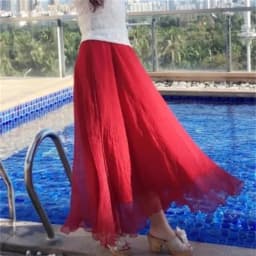 High-grade Double Layer Skirts Spring Summer Elastic High Waist Large Swing Gauze Chiffon Skirt A-line Pleated Long Beach Skirt