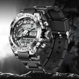 LIGE Men Sport Watch 50M Waterproof Dual Display Analog Digital Watch LED Backlight Chronograph Quartz Wristwatch Gift Box Set
