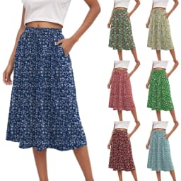 Summer Long Maxi Skirt Women's Elegant Mini Floral Pleated Skirts High Waist A Line Below Knee Casual Skirts With Pockets