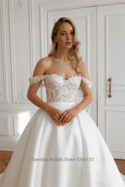 Customized Off Shoulder Two Pieces Wedding Dress Lace Applique Glitter Skirt Bridal Gown with Detachable Skirt 2 in1 Style