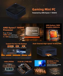 Texhoo Mini PC Windows 11 Pro Ryzen DDR5 4800MHz WiFi6 BT5.2 Gaming PC Diy Gaming Computer Compact Mini PC AMD Ryzen7 7840HS