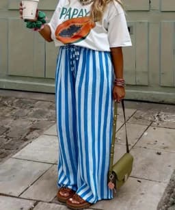 2026 Spring Summer Women's Casual Loose Color Block Striped Print Straight Leg Pants Trousers
