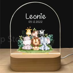 Personalized Baby Birth Night Light Custom Name Animal Elephant Lion with USB Wood Base Lamp for Bedroom Table Rainbow Decor